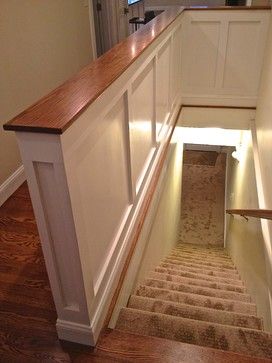 Staircase Design Ideas, Inspiration, Pictures and Remodels Half Wall For Staircase, Top Of Stairs Upstairs Landing Railings, Stairs Down To Basement, Knee Wall Stairs, Bookcase Stair Railing, Basement Stairs In Living Room, Pony Wall Staircase, Staircase Half Wall, Stairs Between Two Walls