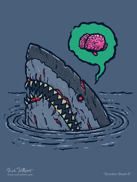 A shark peaks out of the water in bad shape looking horrifying and looking for brains. Shark Brain, Zombie Shark, Shark Things, Silly Sharks, Halloween Widget, Castle Grayskull, Zombie Monster, Bat Art, Door Decs