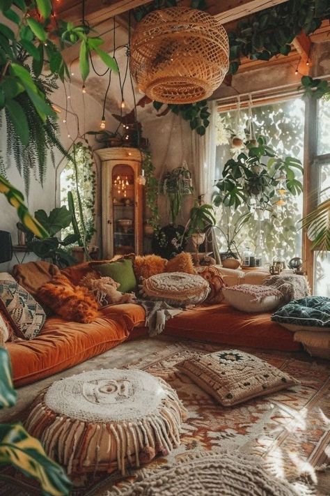 Bohemian House Decor Living Room, Boho Hangout Room Ideas, Boho Sofa Ideas, Boho Loft Ideas, 70s Boho Living Room, Boho Hippie Living Room, Hippy Living Room, Boho Cozy Living Room, Hippie Interior Design