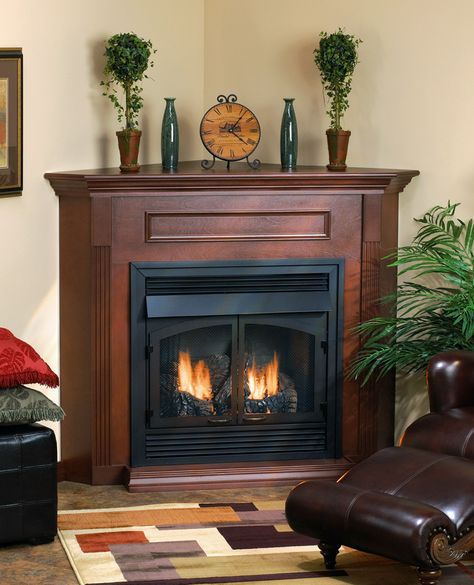 Empire Vail Corner Mantel, Corner Fireplace Mantels, Corner Fireplaces, Corner Gas Fireplace, Wooden Mantel, Ventless Fireplace, Gas Fireplaces, Fireplace Logs, Fire Pit Furniture