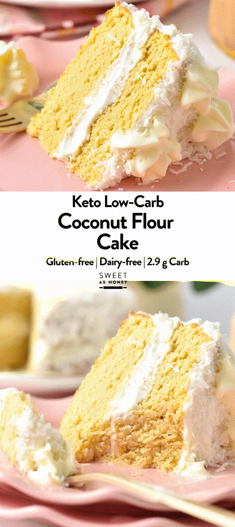 This Coconut Flour Cake is a moist, fluffy gluten-free, low-carb birthday cake for coconut lovers. You will love its light coconut crumb filled with vanilla frosting. Keto Coconut Flour Cake, Banana Cake With Coconut Flour, Coconut Flour Cake Recipes Simple, Coconut Flour Lemon Cake, Sugar Free Coconut Cake, Flourless Almond And Coconut Cake, Coconut Flour Orange Cake, Coconut Butter Cake, Stevia Cake