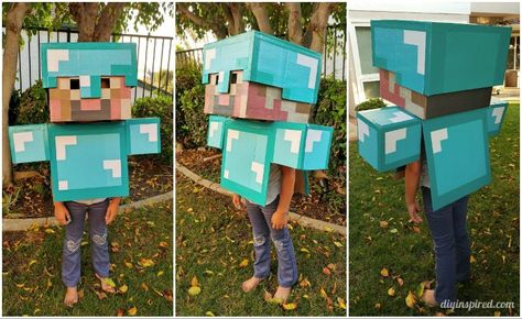 diy-diamond-dave-minecraft-costume-for-halloween Minecraft Steve Halloween Costume, Minecraft Steve Costume, Minecraft Halloween Costume, Steve Costume, Cardboard Kids, Creeper Costume, Minecraft Diy Crafts, Minecraft Halloween, Minecraft Costumes