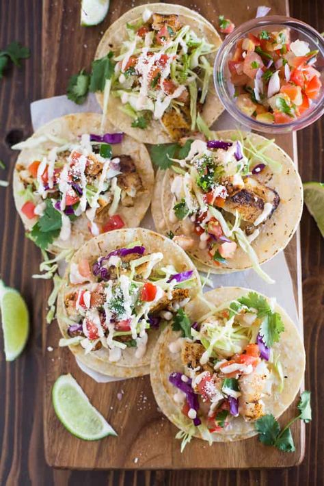 Halibut Fish Tacos, Fish Taco Recipes, Halibut Tacos, Homemade White Sauce, Grill Tips, Grilled Fish Tacos, Grilled Halibut, Grilled Fish Recipes, Grilled Taco