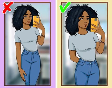 Poses For Pictures Mirror Selfie, Selfie Standing Poses, How To Take The Perfect Mirror Selfie, How To Take Mirror Selfie Standing, How To Take Perfect Selfies, Selfie Mirror Poses Ideas, Black Woman Selfie Poses, How To Take The Perfect Selfie, How To Pose For Mirror Pictures