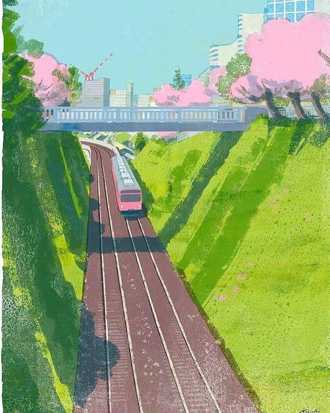 Tatsoru Kiuchi Train Bridge Drawing, Pink Green Illustration, Watercolour Resist, Tatsuro Kiuchi, Bridge Illustration, Pink Train, Train Illustration, Train Drawing, Japan Train