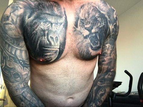 Gorilla Chest Tattoo Men, Gorilla Chest Tattoo, Lion Chest Tattoo, Gorilla Tattoo, Tattoo Chest, Chest Tattoo Men, Chest Tattoo, Tattoos For Guys, Portrait Tattoo