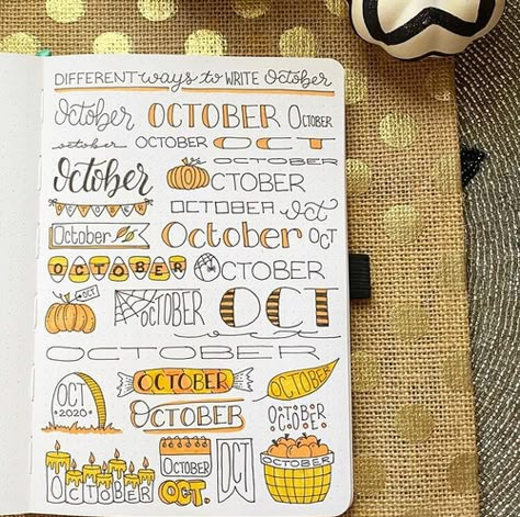 Amazing Fall Bullet Journal Doodles You Must Try! — Joyful Journaler October Written In Different Fonts, October Journal Header, October Lettering Bullet Journal, October Headers Bullet Journal, Halloween Bulletin Journal Ideas, October Notebook Ideas, October Font Bullet Journal, October Handwriting, October Font Ideas