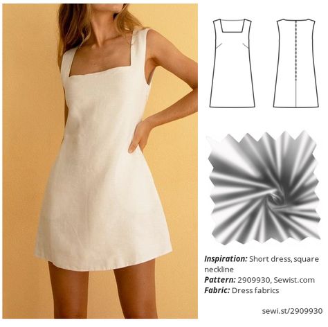 Simple Short Dress Pattern, Square Neckline Sewing Pattern, Short Dresses Pattern, Reformation Sewing Pattern, No Zipper Dress, Knitted Dress Pattern Women, Pattern For Dress For Women, Simple Mini Dress Pattern, Square Neckline Top Pattern