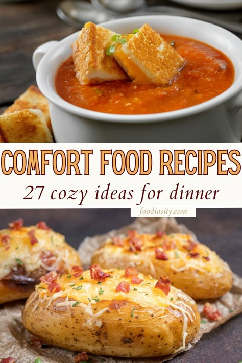 27 Comfort Food Recipes - Easy & Cozy Dinners - Foodiosity Easy Snow Day Recipes, Hearty Meals Comfort Foods Dinners, Cozy Food Ideas, Rainy Day Supper Ideas, Easy Cozy Meals, Easy Dinner When Sick, Rainy Day Comfort Food, Snow Day Recipes Comfort Foods, Cozy Lunch Ideas