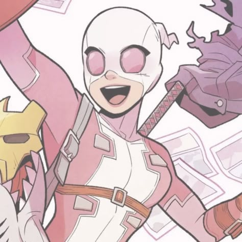 Gwenpool Pfps, Pink Spiderman Pfp, Gwen Pool And Deadpool Matching Pfp, Literally Me Characters Pfp, Gwen Pool Pfp, Gwenpool Matching Pfp, Pink Character Pfp, Gwen Pool Icons, Gwenpool Aesthetic