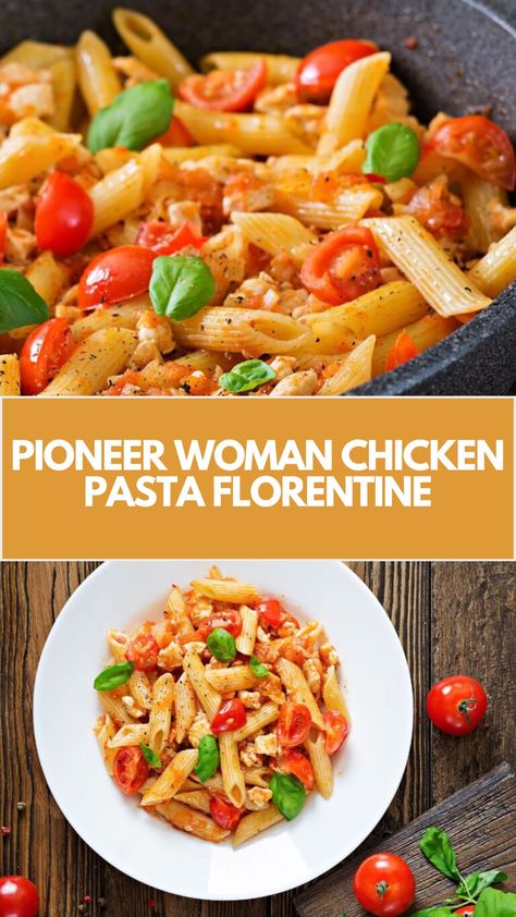 Pioneer Woman’s Chicken Pasta Florentine is made with penne, chicken breasts, butter, oil, garlic, white wine, broth, spinach, grape tomatoes, and Parmesan cheese, creating a savory dish that takes 30 minutes to prepare! Pioneer Woman Recipes Chicken, Pasta Florentine, Pioneer Woman Chicken, Chicken Penne, Chicken Chunks, Pioneer Woman Recipes, Herb Chicken, Butter Oil, Penne Pasta