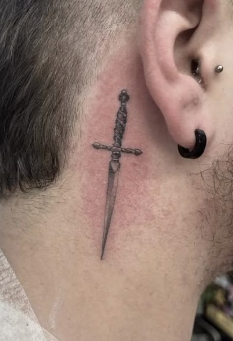 Done by @ rossnagle in allstar tattoo, Limerick, Ireland Single needle, realism, black and grey, dagger / sword Small Swords Neck Tattoo, Dagger Tattoo Behind Ear, Dagger Tattoo Men, Behind The Ear Tattoo Ideas For Men, Simple Dagger Tattoo, Behind Ear Tattoo Men, Dagger Tattoo Ideas, Tattoos Best Friend, October Tattoo