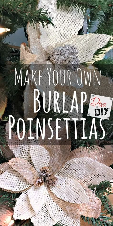 Personalize your Christmas decorations by making your own burlap poinsettias for your Christmas tree ornaments or Christmas decor. Vintage Christmas decor! Burlap Christmas Trees, Burlap Poinsettia, Poinsettia Decor, Christmas Decor Vintage, Burlap Christmas Tree, Vintage Christmas Crafts, Burlap Projects, Burlap Crafts, Vintage Christmas Decor