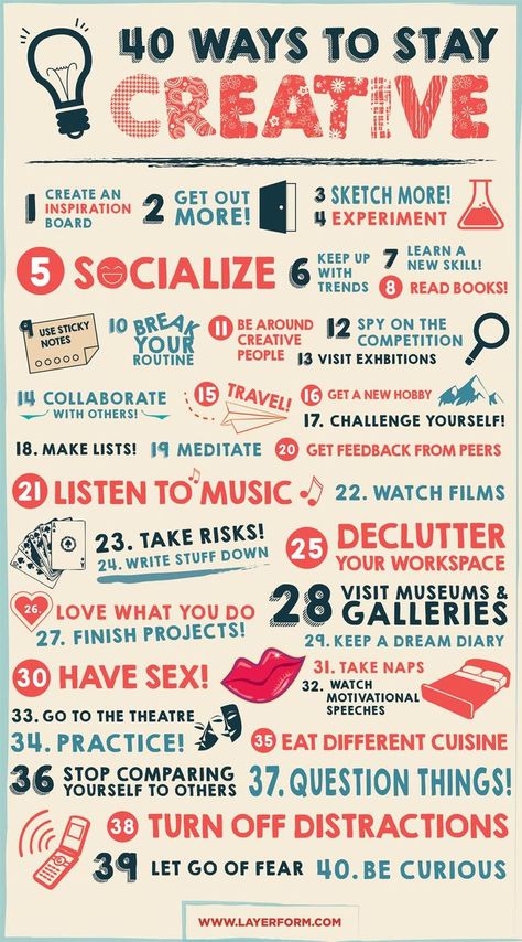 40 ways to Stay Creative http://www.layerform.com/40-ways-stay-creative-infographic/ Stay Creative, Creative Infographic, Creative Posters, Inbound Marketing, Digital Marketing Strategy, Food Design, Self Development, Creative Inspiration, The Words