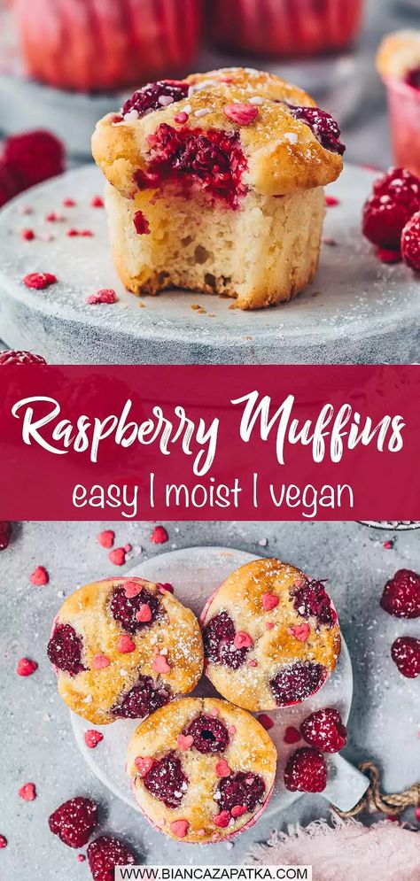 The best recipe for moist vegan Raspberry Muffins that are quick and easy to make, wonderfully soft, fluffy and fruity and simply delicious! #muffins #cupcakes #berry #berries #baking #dessert #cake #easyrecipes #veganrecipes #recipes #food #vegan | biancazapatka.com Wild Berry Muffins, Gluten Free Desserts Raspberry, Vegan Rasberry Deserts, Vegan Berry Muffins, Vegan Raspberry Muffins, Vegan Muffins Recipes, Vegan Raspberry Recipes, Vegan Raspberry Dessert, Raspberry Recipes Vegan