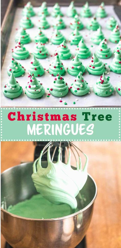 Christmas Tree Meringues are festive, fun and make a light airy addition to a cookie plate this time of year. Naturally dairy-free and gluten-free. - Christmas Tree Meringues Tree Meringue, Christmas Meringue, Meringue Recipe, Cookie Plate, Christmas Baking Recipes, Christmas Candy Recipes, Candy Recipes Homemade, Christmas Foods, Oreo Dessert