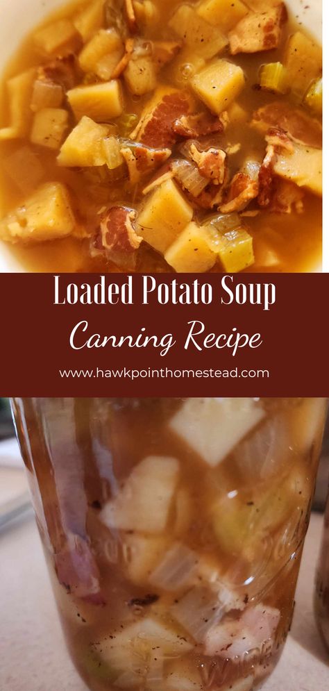 This canning recipe for loaded potato soup is so easy and delicious. It makes an awesome meal in a jar. Canning soups is a great thing about canning, you can take the soups anywhere and they are always ready to eat on your shelves. This recipe is so flavorful and so much better than a canned soup from the grocery store. So much healthier! No preservatives and you control what you put in the jar. When this soup comes out of the jar it is just like it was cooked on the stove! Potato Soup Canning, Canning Recipes Potatoes, Preserve Potatoes, Canning Mushroom Soup, Canning Beans Recipes, Canning Dinner Recipes, Layered Chicken Soup Canning, Pressure Canning Potato Soup, Canning Meals Recipes