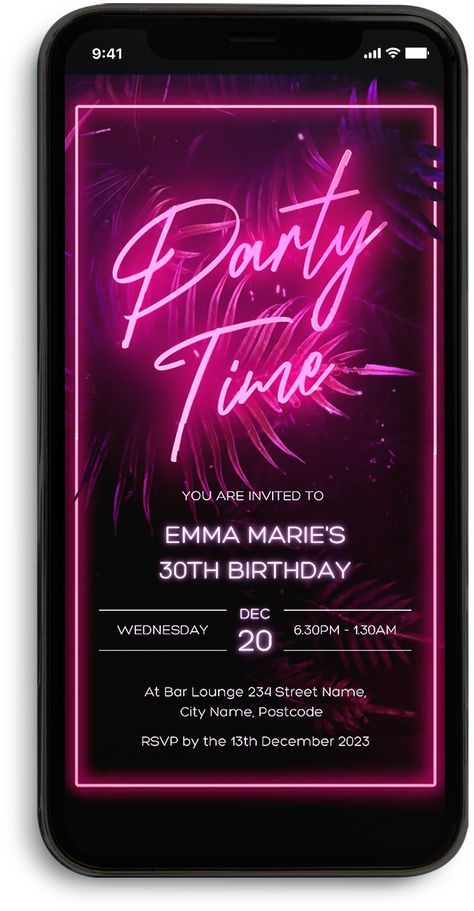 An animated neon pink Party Time Invitation. 

This fun DIY animated video invitation is very simple to use. Easily edit your invitation template in Canva using your electronic device. 

Once edited and downloaded, you can send it electronically and share it with your family and friends through Email, Messenger, iMessage, WhatsApp, Text message, or your preferred social media platform. 

Available now with 50% off while I create and add more listings to my store. https://partevites.etsy.com Neon Invitation Template, Neon Party Invite, Canva Party Invites, Neon Party Invitations Template, Digital Party Invitations, Neon Invitations, Neon Pink Party, Birthday Invitations Online, Neon Party Invitations