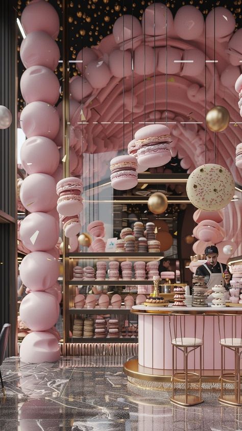 Macaron Shop Design, Confectionery Shop Design, Sweet Shop Interior, Chocolate Store Design, Cake Shop Interior, Pink And Gold Decorations, A Person Standing, Pink Macaroons, Candy Room