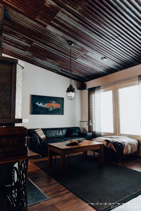 Tin Ceiling Ideas Rustic Bedroom, Galvanized Metal Ceiling, Galvanized Tin Ceiling, Rustic Tin Ceilings, Corrugated Ceiling, Galvanized Tin Walls, Corrugated Tin Ceiling, Metal Tin Ceiling, Black Metal Ceiling