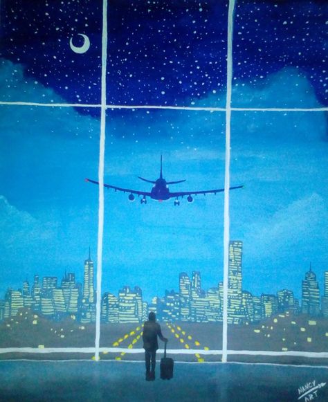 Traveling Painting Ideas, Airport Painting Art, Painting City Easy, Plane Window Painting, Plane Window Drawing, Airplane Painting Easy, Airplane Window Painting, Travel Painting Ideas, Night Time Drawing