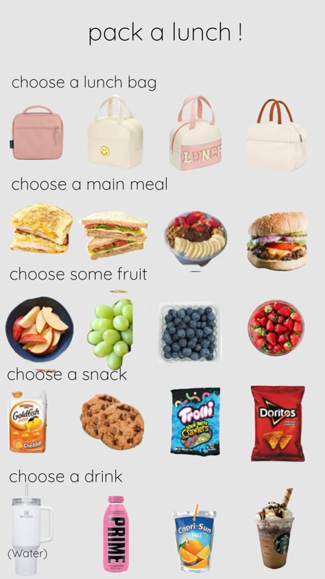 pack a lunch ! Easy Lunch Packing Ideas, Easy Things To Pack For Lunch, Lunch Bag Essentials, Things To Pack For School Lunch, Pick A Lunch, Pack Lunch Ideas For Teens, Lunch For Middle Schoolers, Pack My Kids Lunch With Me, What To Pack For Lunch For School