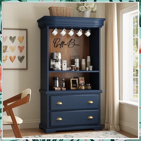 Looking to add a stylish touch to your kitchen? Check out these 13 creative coffee bar ideas for your kitchen makeover. Whether you prefer a rustic, modern, or minimalist design, these coffee bar setups will inspire you to create the perfect cozy corner for your morning brew. Upgrade your kitchen with these coffee bar in kitchen ideas today! Coffee Station Armoire, Armoir Coffee Station, Dark Blue Coffee Bar, Painted Arch Coffee Bar, Bookshelf Into Coffee Bar, Bookshelf Coffee Station, Tv Stand Coffee Bar, Coffee Bar In Cupboard, Wardrobe Coffee Station