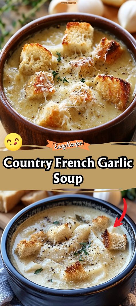 Dive into the depth of flavor with this Country French Garlic Soup. Aromatic and comforting, this soup is loaded with garlic, simmered with herbs and a touch of cream, and served with a slice of crusty bread. It’s a warming dish that embodies the essence of rustic French cuisine, perfect for garlic enthusiasts. #GarlicSoup #FrenchCuisine #RusticCooking Garlic Bread Soup Recipe, Cream Of Garlic Soup Recipe, French Country Garlic Soup, French Garlic Soup Recipe, Buttermilk Soup Recipes, Garlic Parmesan Soup, Garlic And Onion Soup, Garlic Cream Soup, Norwegian Cream Soup