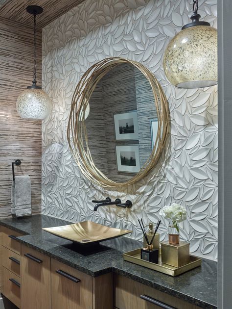 Hilltop Prairie Style - Transitional - Powder Room - Nashville - by Scott Wilson Architect, LLC | Houzz Table Top Wash Basin Ideas In Living Room, Hall Wall Designs, Wash Basin In Dining Area, Dining Room Wash Basin Ideas, Dining Hall Wash Basin Design, Wash Basin Ideas In Hall, Counter Basin Design, Big Bathroom Mirror, Tiles Design For Hall