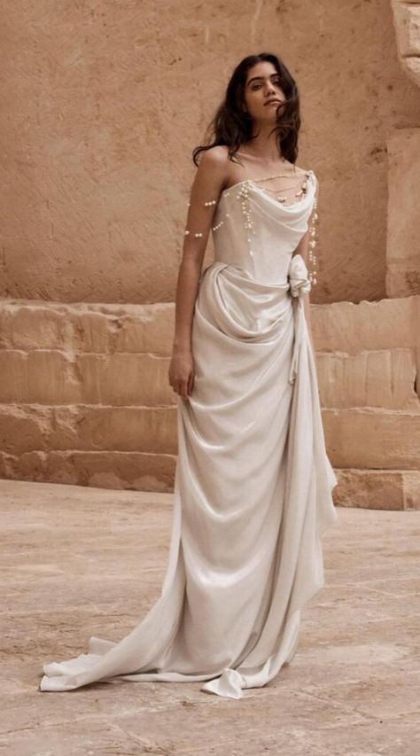 Greek Style Wedding Dress Goddesses, Ancient Rome Dress Aesthetic, Greek Style Dress Wedding, Wedding Dress Greek Style Goddesses, Greek Inspired Dress Wedding, Greek Goddess Inspired Prom Dress, Rome Dress Outfit, Kibbe Flamboyant Natural Wedding Dress, Met Gala Heavenly Bodies Aesthetic