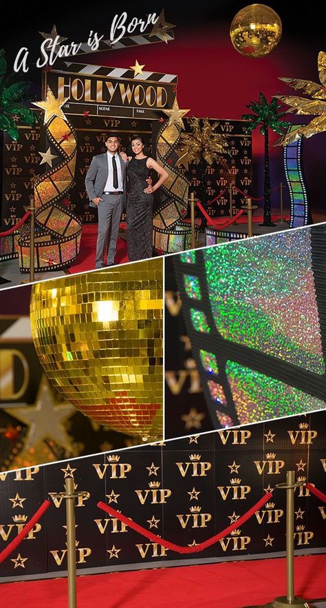 Hollywood Theme Prom, Hollywood Red Carpet Party, Hollywood Decorations, Hollywood Theme Party Decorations, Hollywood Prom, Hollywood Birthday Parties, Deco Cinema, Prom Backdrops, Red Carpet Theme