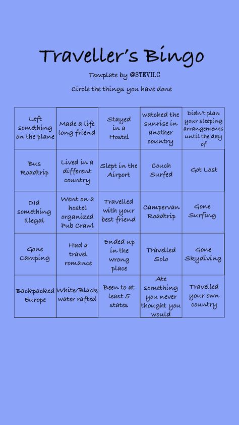 Travel Bingo for Instagram Stories! Circle all the things you have done! #instagram #instagramstories #instagramstory #Bingo #travelbingo #travel #stayathome #selfisolating #travelbucketlist Travel Bingo For Adults, Travel Bingo, Bangkok Trip, South Africa Trip, Travel Instagram Ideas, Travel Questions, Vietnam Trip, Vacation On A Budget, New Zealand Trip