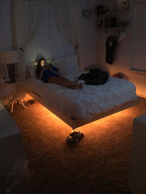 Floating Bed Decor Ideas, Lights Under Bed Frame, Led Lights Bedroom Under Bed, Led Lights Under Bed Aesthetic, Led Lights Bedroom Aesthetic Under Bed, Beds With Led Lights Under, Platform Bed Led Lights, Bed Frame With Lights Headboards, Floating Bed Lights