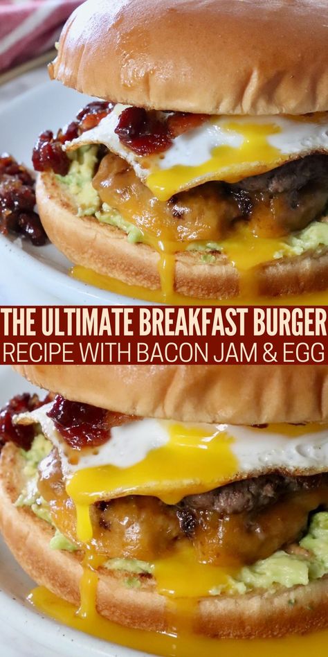 Dig into the most amazing burgers for breakfast with this Breakfast Burger recipe! This incredibly delicious burger starts with ground beef and breakfast sausage patties, topped with cheese, fried eggs, bacon jam, and avocado, for an explosion of flavor! Breakfast Burgers Ideas, Breakfast Hamburger Recipes, Breakfast Burger Ideas, Brunch Burger Recipe, Breakfast Patties Recipe, Brunch Burgers, Hot Dogs Grilled, Grilled Cheese Sliders, Pork Sausage Patties