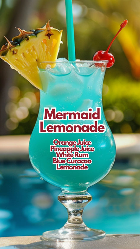 Mermaid Lemonade Summer Party Food Ideas For Adults, Mermaid Drink Alcohol, Alcholic Drink Fruity, Blended Alcoholic Drinks, Tropical Drinks Recipes Alcohol, Blue Drinks Alcohol, Pineapple Alcohol Drinks, Blue Cocktail Drinks, Beach Drinks Alcohol