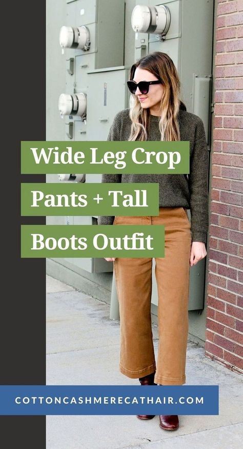 Looking for new ways to wear your wide leg crop pants? Try styling them with tall boots! Petite style blogger Kimi of Cotton Cashmere Cat Hair shows you how to wear tall boots under wide leg crop pants in this earth-colored outfit. Wide Leg Cropped Pants With Boots, Cropped Pants With Boots, Wide Leg Cropped Pants Outfit, Cropped Wide Leg Pants Outfit, Wide Leg Pants Winter, Tall Boots Outfit, Cropped Pants Outfit, Wide Leg Pants Outfit, Wide Leg Crop Pants