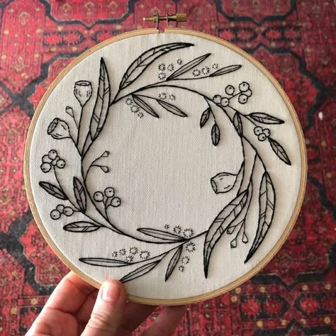 Embroidered Eucalyptus, Native Wreath, Lilly Pilly, Wreath Embroidery, Embroidery Stitches Tutorial, Pola Sulam, Black Embroidery, 자수 디자인, Hand Embroidery Stitches