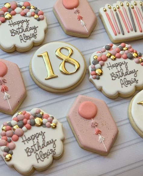 Decorated Birthday Cookies, Birthday Biscuits, Balloon Cookies, Happy Birthday Cookie, Royal Iced Cookies, Cookies Theme, Sugar Cookie Designs, Fondant Cookies, Fancy Cookies