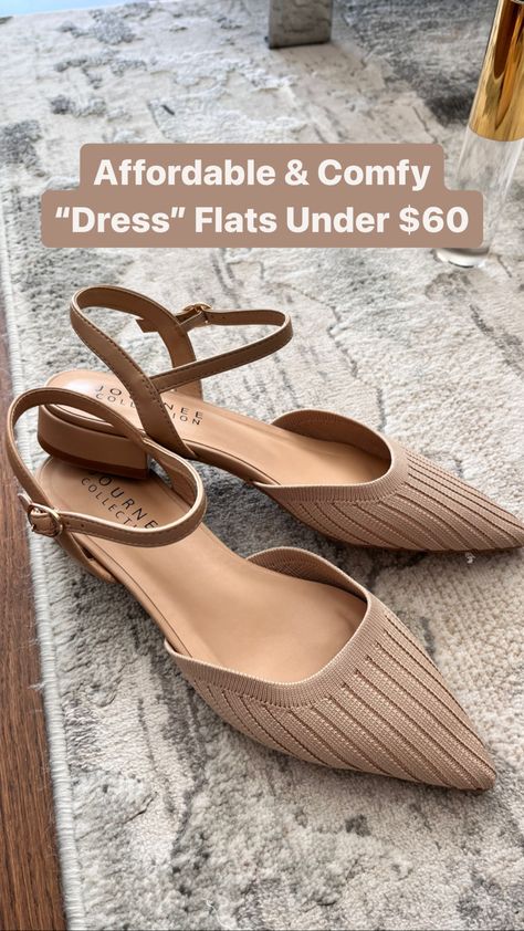 Neutral Flats with Ankle Strap - Anslee Pump from Journee Collection. Comfy 'dressy' flats under $60 Comfy Shoes For Work, Shoe Capsule Wardrobe, Business Casual Shoes Women, Comfortable Office Shoes, Heels Work Outfit, Shoe Capsule, Wedding Dresscode, Dressy Flats Shoes, Cute Work Clothes