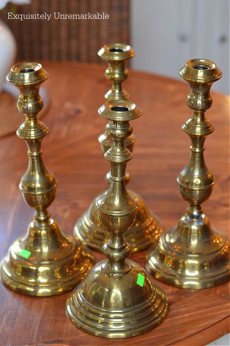 Large Brass Candlesticks Brass Candlesticks Decor, Home Decor Thrift, Candle Stick Decor, Rub N Buff, Thrift Store Decor, Red Plates, Glass Votive Holders, Electric Candles, Yard Sales