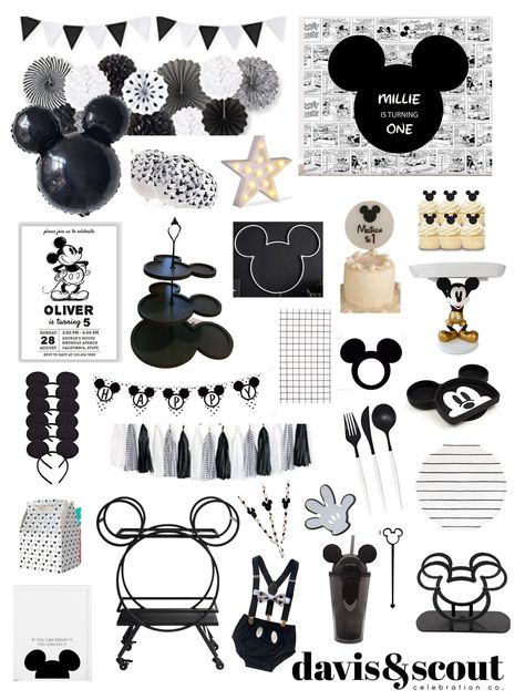 DIY Mickey Mouse in Black & White Celebration — Davis & Scout Celebration Co. Modern Mickey Mouse Party, Mickey Decor, Mickey Mouse Birthday Theme, Diy Mickey Mouse, Miki Mouse, Mickey Decorations, Mickey First Birthday, Mickey 1st Birthdays, Mickey Mouse Bday