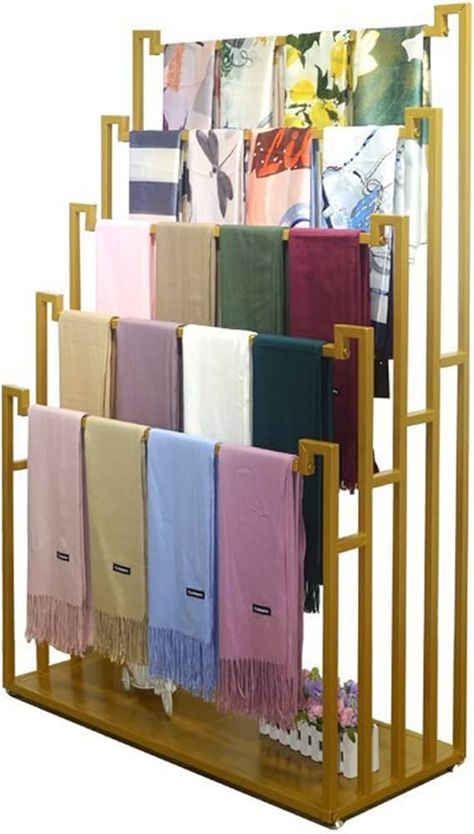 Amazon.com: Floor Standing Scarf Display Stand, Metal Freestanding Scarf Holder Organizer, Towel Rack for Commercial Clothing Retail Store Sheets Suit Pants (Color : Gold, Size : 80X40X150CM) : Home & Kitchen Store Sheets, Clothing Retail Store, Scarf Organizer, Scarves Store, Kitchen Design Images, Scarf Rack, Scarf Display, Towel Display, Clothes Beach