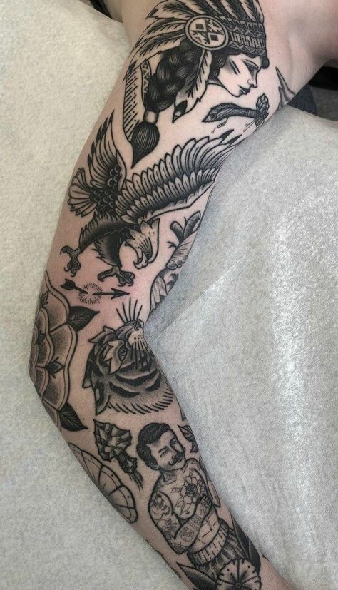 Traditional Tattoo Upper Arm, Traditional Tattoo Arm, Old School Tattoo Sleeve, Traditional Tattoo Man, Traditional Black Tattoo, Traditional Tattoo Inspiration, Traditional Tattoo Sleeve, Tattoo Inspiration Men, Old School Tattoo Designs