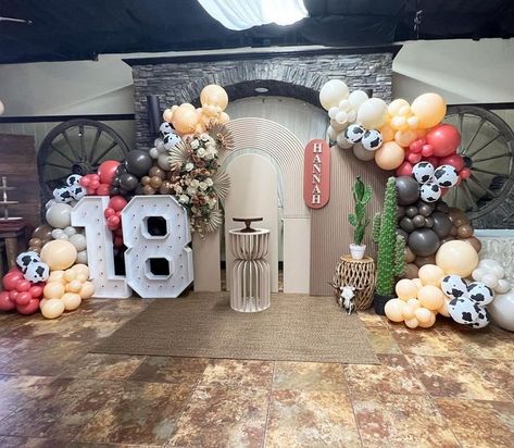 Nicole Creations Houston on Instagram: "Happy 18th birthday Hannah 🌵🏜️ #eventplanner #houstonpartyplanner #eventdecor #cactustheme #westernwear #balloongarland #balloonstylist #18 #cowprint #houstonbackdrops" Cowprint Birthday Decor, Country Party Decorations, Cute Party Themes, Cowgirl Themed Birthday Party, Cow Print Birthday, Country Birthday Party, Rodeo Birthday Party, Rodeo Birthday Parties, Sweet Sixteen Birthday Party Ideas