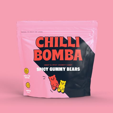 Spicy Gummy Bears, Cool Food Packaging Design, Aesthetic Package Design, Gummy Bear Packaging, Gummy Packaging Design, Gummy Candy Packaging, Gummies Packaging Design, Gummy Packaging, Candy Branding