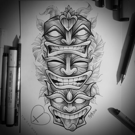 Tiki totem illustration for tattoo Tim van horn Deer Head Tattoo, Totem Tiki, Tato Maori, Tiki Tattoo, Hawaiian Tattoos, Totem Tattoo, Tiki Head, Flame Tattoos, Tiki Totem