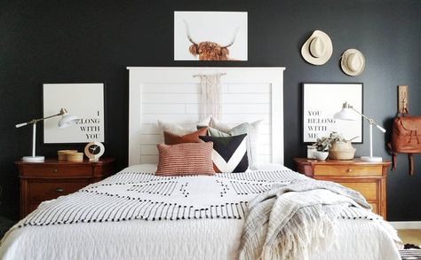 Bedroom Dark Accent Wall, Modern Bedroom Dark, Highland Cow Bedroom, Cow Bedroom, Hyland Cow, Cow Room, Dark Accent Wall, Wall Shiplap, Bedroom Color Palette