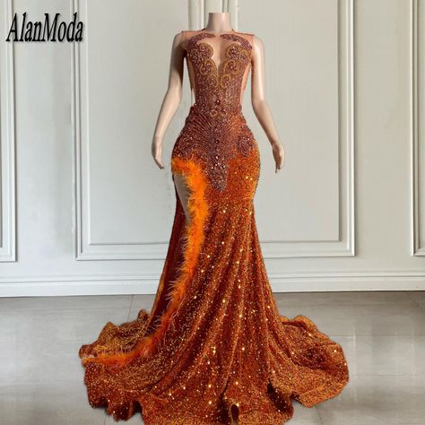 Orange Prom Dress Black, Orange Mermaid Prom Dress, Orange Prom Dress, Orange Mermaid, Luxury Champagne, Mermaid High, Mermaid Gown Prom, Change Time, Prom Dresses Sparkly