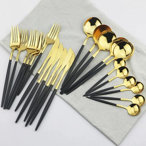 Kitchen Utensils List, Popsicle Stick Crafts House, Beautiful Kitchenware, Kitchen Decor Collections, Crockery Design, Gold Cutlery Set, Black Flatware, Cutlery Set Stainless Steel, Kitchen Wares