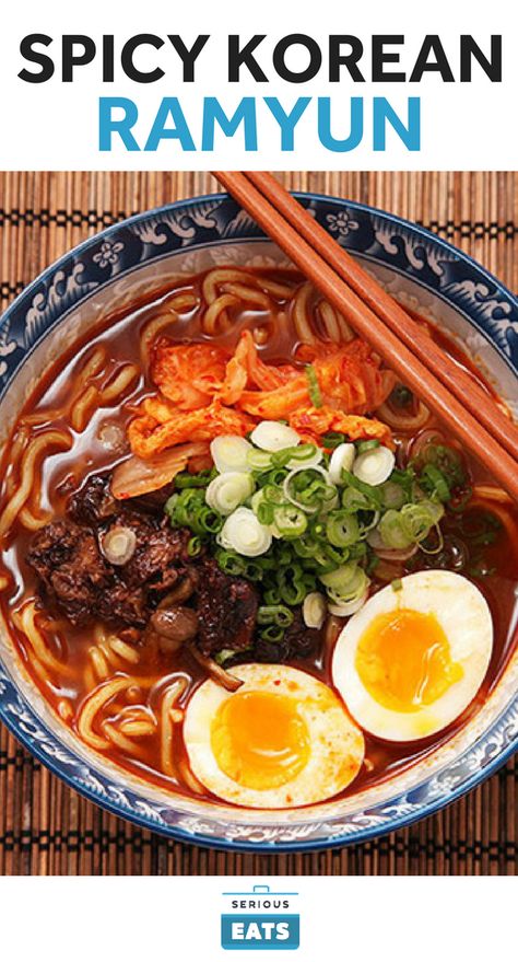 "Traditional" Korean ramyun is an easy, Korean-flavored version of Japanese instant ramen. Our reverse-engineered version uses a homemade broth made with dashi, short ribs or oxtail, aromatics, gochujang, and kimchi. The Chinese chili and bean paste doubanjiang rounds out the flavors. #traditionalkoreanfood Korean Noodles In Broth, Homemade Shin Ramen, Korean Style Ramen, Gochujang Noodle Soup, Gochujang Soup Recipe, Ramen Gochujang, Korean Broth, Oxtail Ramen, Spicy Korean Beef